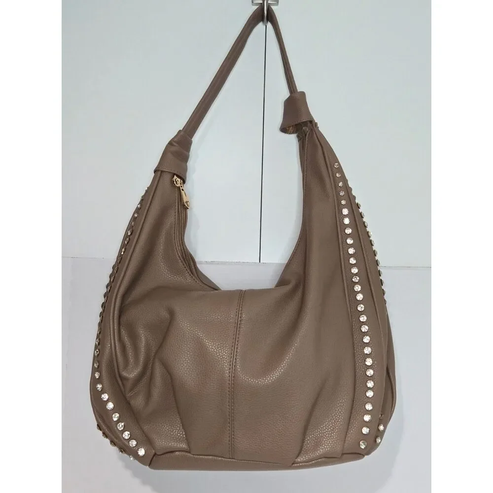 Rhinestone Pebble Grain Slouchy Hobo Bag | Large Shoulder Purse | Taupe Brown